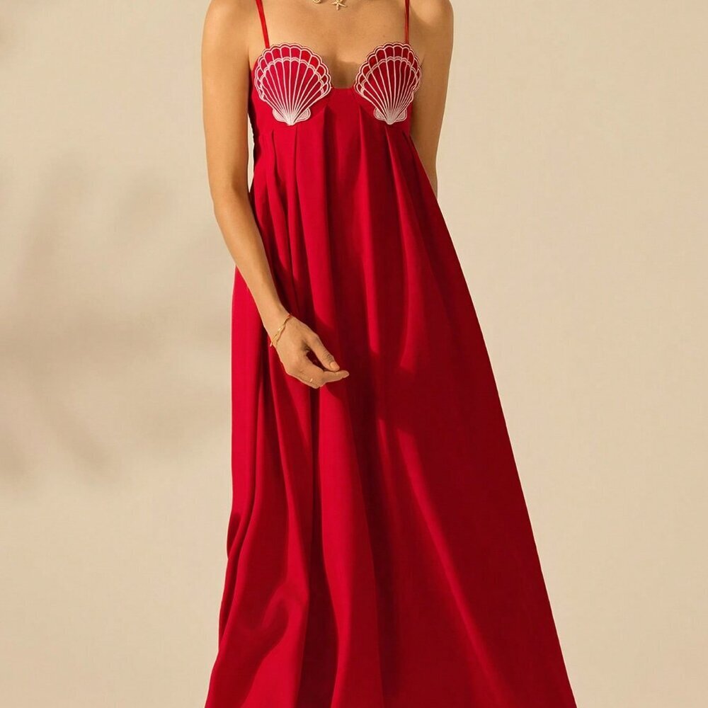 Red Casual A-Line Women's Seashell Embroidery Beach Party Sun Dress - Picture 5 of 7